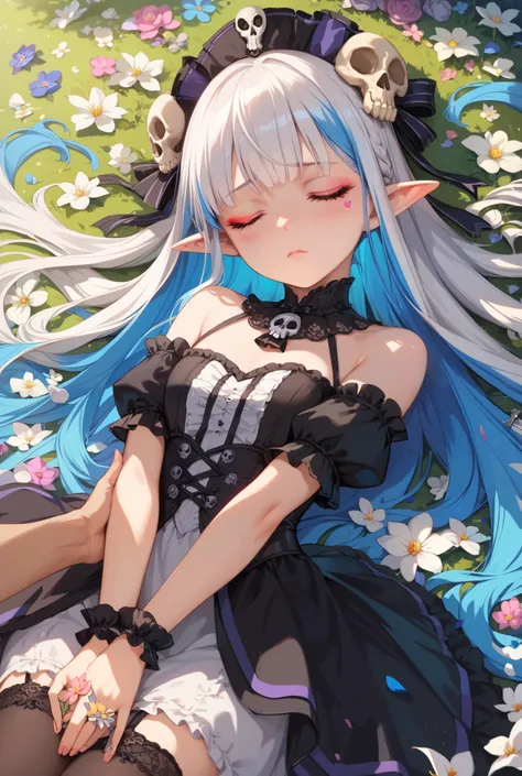 1girl, Anatomically Correct, Best
Quality, Detail, High Details, Quality, High Quality, Super
Detailed, Absurdly Long Hair, Multicolored Hair,
Pointy Ears, Makeup,
Light Blush, Skull Hair Ornament, Anime Style, Anime, laying in a coffin filled with flowers...