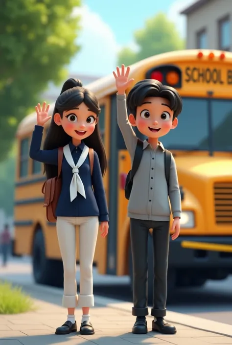 Animated school students one girl in navy blue long shirt and white trousers and white sash in the neck. And one boy in blackish dark grey pants and light grey shirt, waving at the school bus. Image should students from the side angle