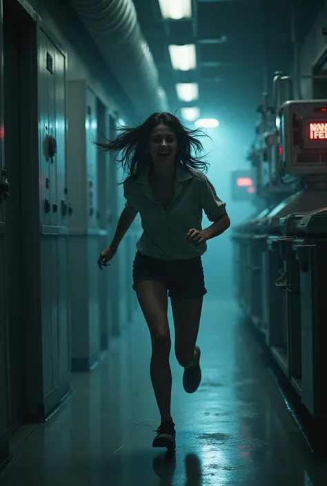 I need a horror scene for a wallpaper containing a very frightened hot woman running down a dark corridor in a scientific drawing 