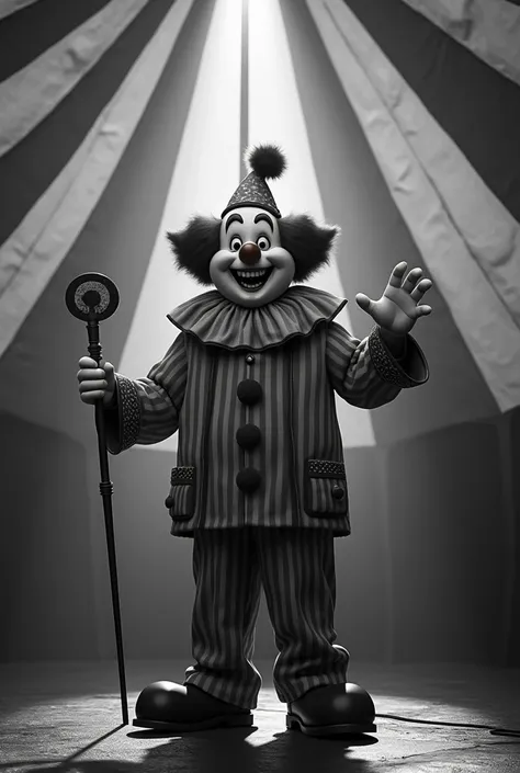 Generate a real image of a cheerful full-bodied clown inside a circus.  the image has to be in black and white 