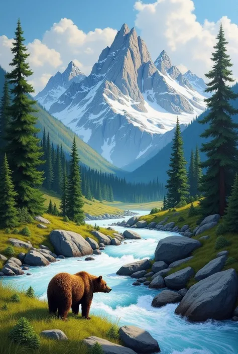 Handmade painting of  snow peaks , white water river,alpine trees,rocks , brown bear, green grass