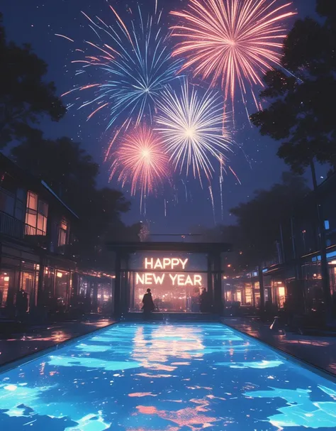 "Happy New Year" will be displayed on the screen as a header.

New Years night pool, fireworks of celebration, Late Night, Glowing night pool, The darkness and lights create a stylish atmosphere, An extraordinary resort-like vibes,

Do you remember when we...