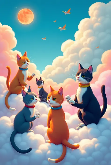 A group of cats sculpting clouds on the cloud kingdom, pop art style