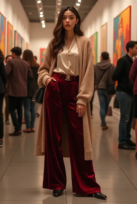 A confident woman, dressed in wide-leg velvet pants with a delicate silk blouse and a long cardigan, standing at a gallery opening, paired with elegant loafers and a small clutch.

