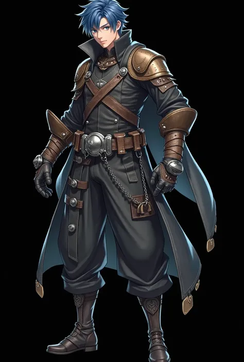 Very realistic illustration of a young blue-haired man with a **medieval style armor **. the vestimenta es predominantemente negra y está compuesta por varias piezas de cuero y tela. the ** leather jacket**  is tight and is adorned with multiple straps and...