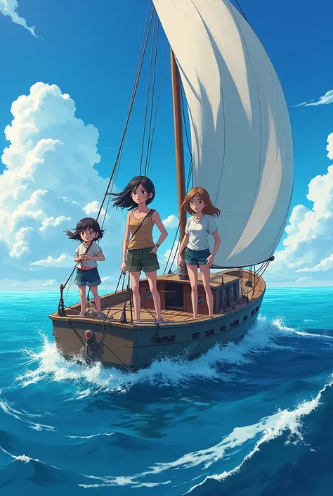 A Teen boy and teen girl sailing with a female archeologist in a vast ocean with open sky non realistic anime enhance details, make it adventurous and exciting enhance details 