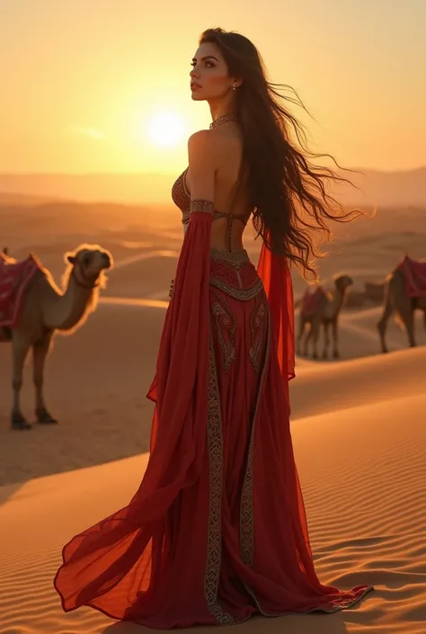 Turkish girl is standing in the desert, her hair is long and silky, her breasts are big, camels are standing in the desert, the sun is setting, she is wearing Turkish clothes.