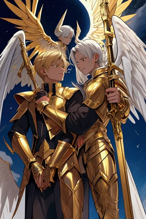 Make for me Lucifer with demon wings and Saint Michael the Archangel in gold armor fighting with Lucifer in the sky with lights and golden swords one fighting against the other in the heavens