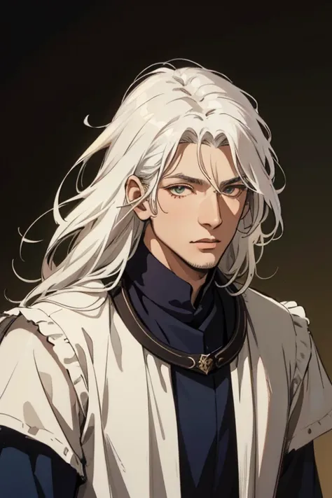 ( excellent quality), (high resolution), (absurd play) ((man)), (eyes), Its half past ten,  white hair, 35 years, mature, disheveled hair , ((paladin)), ((shirt, pants)), character looking at the camera,  detailed face, ((medieval)), ((bang)), (((simple cl...