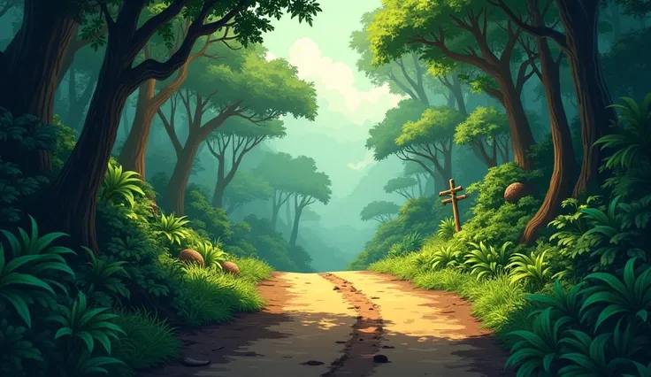 create an image of an animated village jungle. inside the jungle a muddy road pass from right side to left side. i want side view of the image that is first jungle is seen and  road is inside the jungle