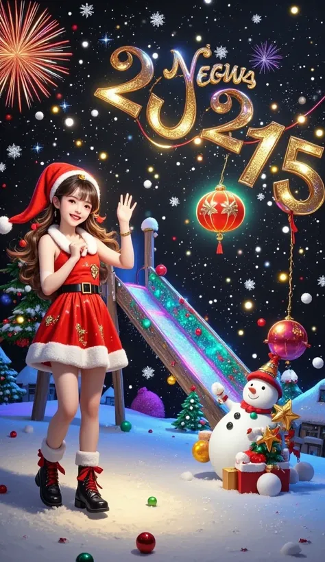 3D cartoon style,a vibrant and colorful New Year celebration is held on the snow-covered paradise square. In the center,a happy girl in a red and gold New Year costume waves happily,holding a warm and glowing huge red lantern in her hand. Around her,the sl...