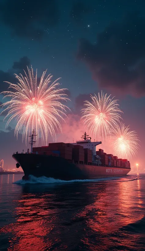 Cinematic frame of a port illuminated by fireworks on the horizon, with an import ship carrying containers moving under a starry sky.  Clean space in the upper central part for text .