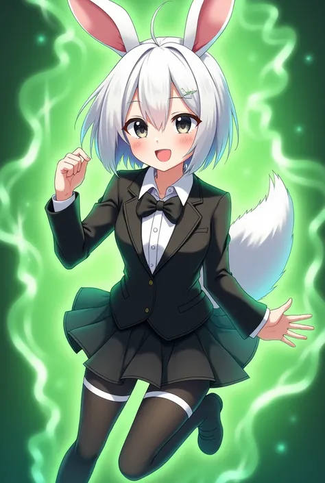 A cheerful anime girl with short white hair and a black tuxedo shirt and with a short black miniskirt and black tights with 2 white stripes and with rabbit ears and with a wolfs tail and with a green aura and with black eyes and a black tie and thick thigh...