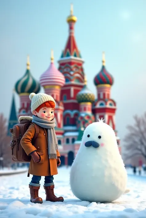 boy,  he is a traveler , He is , He has a backpack ,  his hair is red , hes wearing a fur coat , boots , wrapped in a scarf ,  and wrapped in a scarf around the Kremlin , , its snowing heavily and its cold,  in cartoon style, next to him stands a white and...