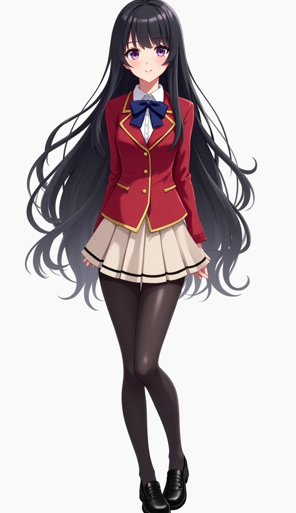 Teenage woman animates long black hair and purple eyes and with red blazer and deep blue ribbon and gold lines and gold buttons and beige and white pleated short skirt With a simple design but with black decorative lines on the bottom edge and black tights...