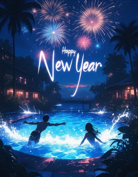 "Happy New Year" will be displayed on the screen as a header.

New Years night pool, fireworks of celebration, Late Night, Glowing night pool, The darkness and lights create a stylish atmosphere, An extraordinary resort-like vibes,

Do you remember when we...