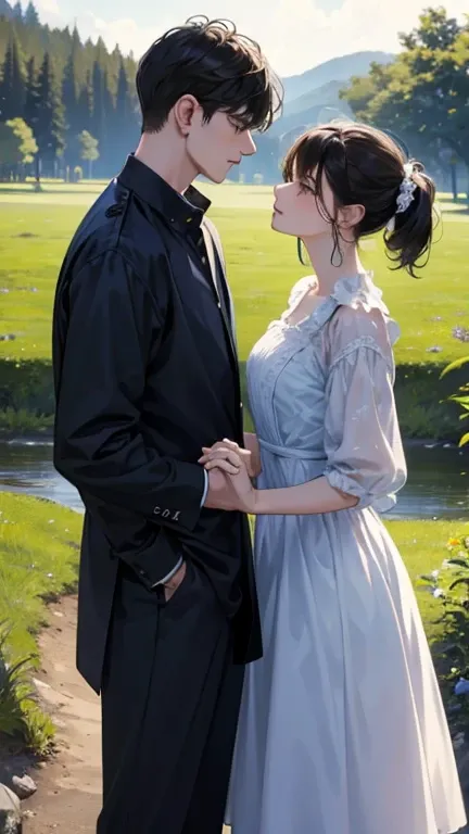 masterpiece,  top quality , [ two men and women ,  couple,  1 Man and 1 Woman ,  mature, adult, Height difference,  different fashions, Different colors, Finely drawn eyes and face ,  more info,  casual clothes, oversized shirt, The background is an emo la...