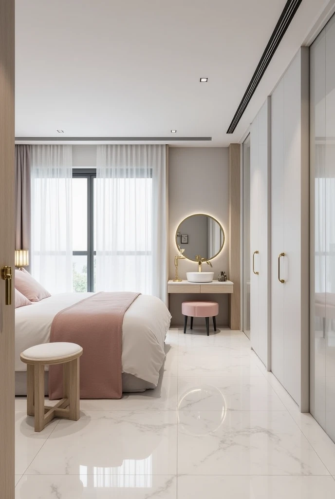 
Bedroom
	•	The bedroom is separated by either a sliding glass door with sheer white curtains or a partition wall.
	•	Features a queen-sized bed with a blush pink duvet and white linens.
	•	Light wood bedside tables with gold-accented lamps.
	•	A built-in ...