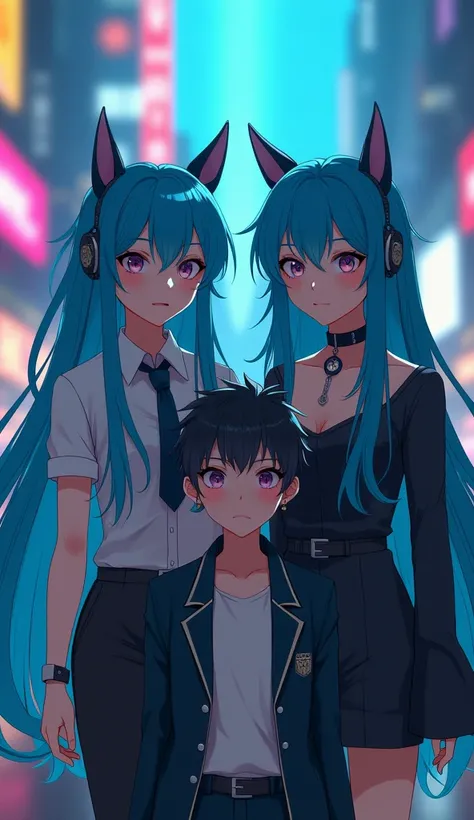 2 girls and one boy, cyberpunk, front of car High Resolution, Long Hair, Blue Hair, Earrings, Animal Ears, Closed Mouth, Light Smile, 