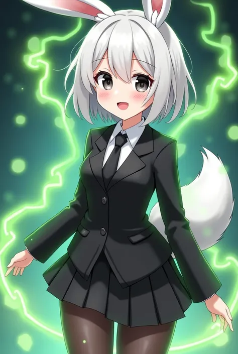 A cheerful anime girl with short white hair and a black tuxedo shirt and with a short black miniskirt and black tights and with bunny ears and with a wolfs tail and with a green aura and with black eyes and a black tie and thick thighs 