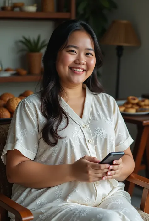  portrait of a beautiful 25 yo Indonesian woman,  rather fat body, use pupur putih di wajah nya,use (housedress )  white floral batik motif , lying relaxed on a wooden chair in the living room , there are snacks and pastries on the table ,  looks her house...