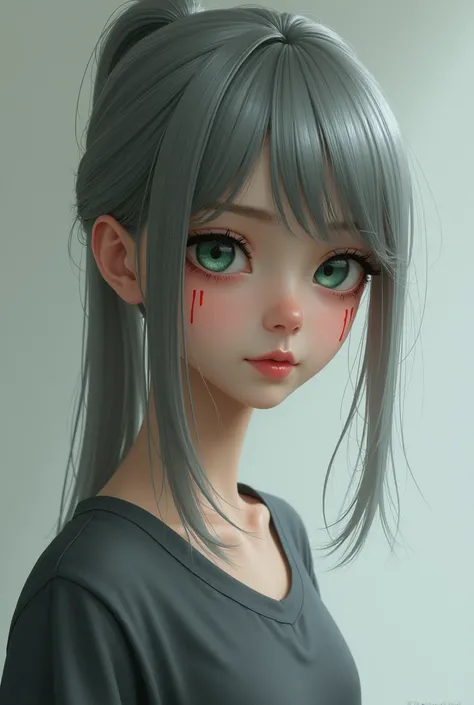 (the masterpiece) A girl with gray hair pulled back in a ponytail; slightly fair skin; expressive dark green eyes; two red slits on the sides of her neck; a slight smile and a gray T-shirt.