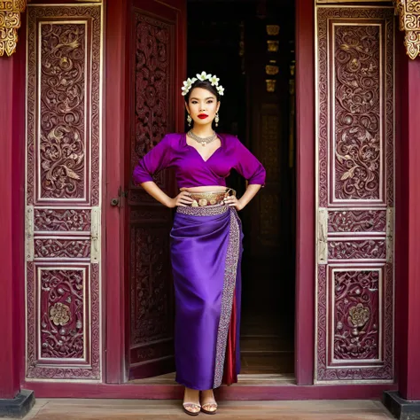  A medium-sized image of a woman posing with a crimson ,  elaborately carved wooden doors .   she wore a Thai dress, ,  consists of a purple silk blouse, a chest and a patterned door ,  an earth-toned wrap skirt , Possibly busy, ,  A decorative silver chai...