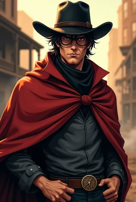 a handsome man with redponcho, have a black hair and using black bandana, wear the old black spec, and have a bandit style and anime style, wear a black cowboy hat