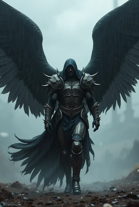 the archangel,  again with his worn armor marked by the ravages of the battle ,  he rises with determination from the ground . His wings, black and powerful ,  are deployed with force ,  showing detailed and realistic feathers .  The rain falls gently on h...