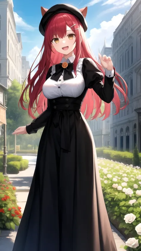 masterpiece, best quality, highres, girl, solo, looking at viewer, Shirou Emiya, Red hair, Brown Eyes, large breasts, animal ears, beret, black headwear, hair flower, white rose, hairclip, black bowtie, brooch, white shirt, black dress, long sleeves, puffy...