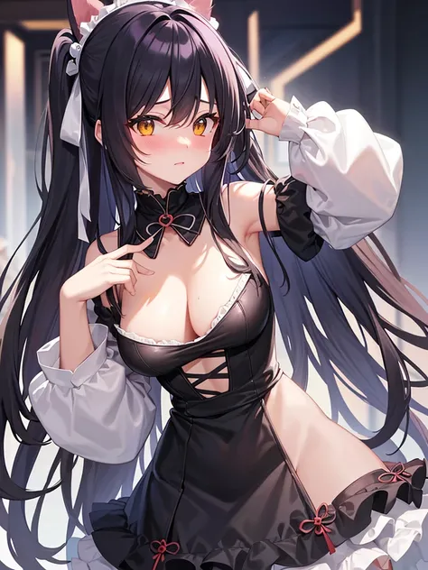 Best Quality, ultra-detailliert, Illustration, silber hair, Aimei，The long-haired，cute  face，beutiful breast，turned around，Close，Angle to show off breasts，finely detail，Perfect fingers，long-sleeve，leaning down，red blush，embarrassed from，Lewd cat girl, blac...