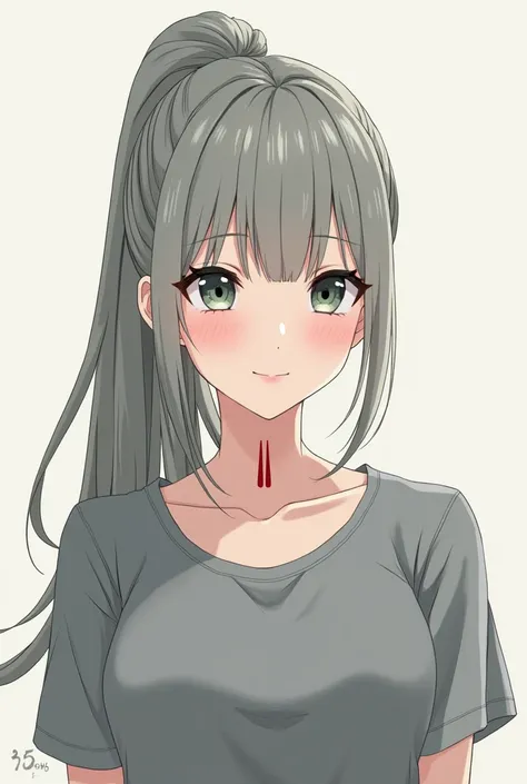 (Masterpiece) (anime) A girl with gray hair pulled back in a ponytail; slightly fair skin; expressive dark green eyes; two red slits on her neck; a slight smile and a gray T-shirt. He looks straight ahead.