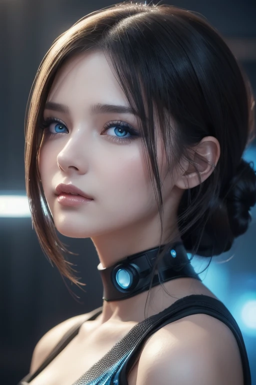 Close-up of a woman in a black and blue dress,  ,  4K Detailed Digital Art, リアルなDigital Art 4K, Photorealistic Digital Art 4k,  amazing digital illustrations , PORTRAIT BEAUTIFUL SCI-FI GIRL , Science fiction female portrait, Digital Art 4K, Cyberpunk Girl...