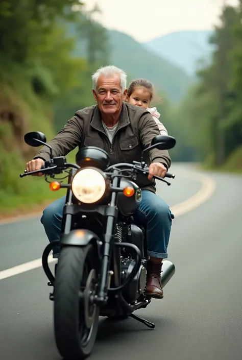 A 60 years old man drive motorcycle on the road, a baby girl with him, their hairs blowing in the air, 8k, details