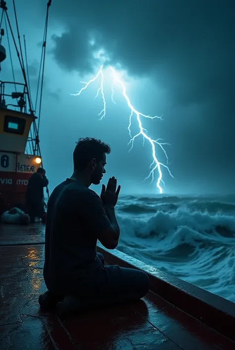  Joseph Praying on Deck During the Storm
Description :  A fisherman named José kneeling on the deck of a fishing boat called "Home Sweet Home ",  in the midst of a violent storm .  Huge waves surround the boat ,  and lightning illuminates the dark sky .  J...