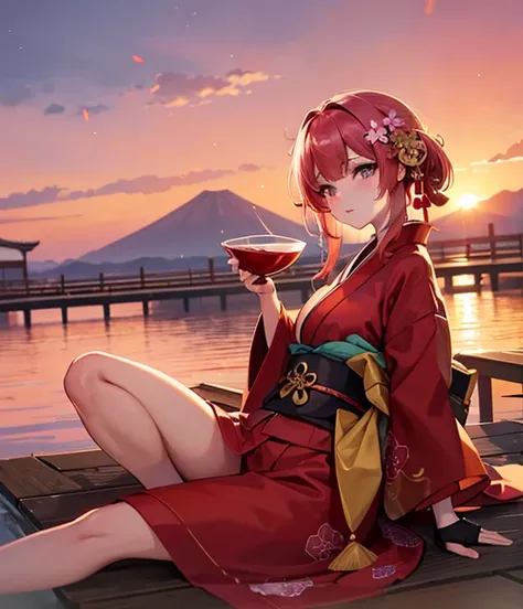 8k. high image quality、 New Year、makeup、new year、 red luxury kimono 、Uplore 、large Japanese style hair ornament 、Drunk and red in the face、Drink sake in a cup、Mount Fuji、 First Sunrise、 pink hair color、 Golden Sky 、Shining Sun 、Golden Clouds、 morning glow、...