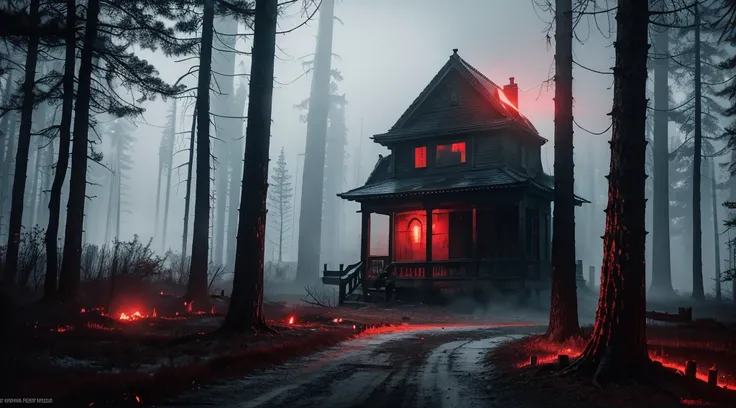 A terrifying and haunting desktop wallpaper featuring the Windows 11 logo, glowing ominously in blood-red and surrounded by eerie, shadowy mist. The logo appears cracked and weathered, embedded in a dark, decaying forest with twisted, dead trees and faint,...