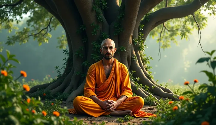 "A hyper-realistic depiction of Chanakya sitting cross-legged under a massive ancient banyan tree in a dense jungle. His face reflects serenity and determination despite the solitude. He is dressed in his saffron robes, now slightly worn, and the surroundi...