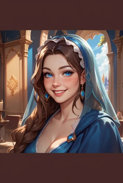 This girl, d&d girl with long brown hair and blue eyes. She is a paladin who wears a veil that covers her ears. Shes full of love and is an extreme optimist. Very pretty 19 years old. She’s smiling ans has faint blush on her cheeks