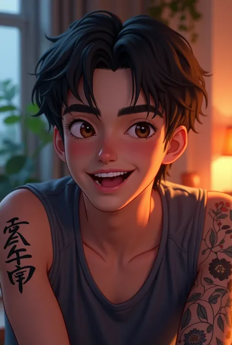 Young Venezuelan streamer man with straight black hair smiling and with a tattoo in Japanese letter that says love