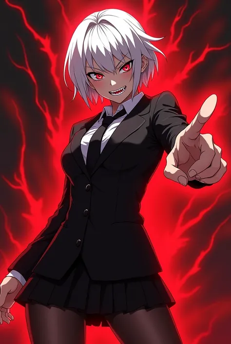 An angry anime girl with short white hair and a black tuxedo shirt and with a short black miniskirt and black tights and with a black tie and red eyes, pointing with a red aura with a serrated mouth and a threatening pose. 