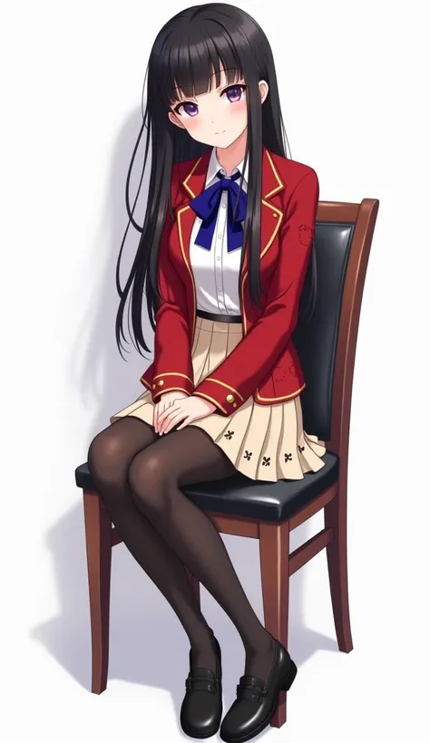 Teenage woman animates long black hair and purple eyes and with red blazer and deep blue ribbon and gold lines and gold buttons and beige and white pleated short skirt With a simple design but with black decorative lines on the lower edge and black tights ...