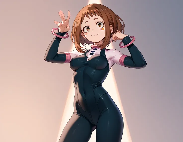 (rear angle), slender tiny waist. sexy body, sexy figure, sexy, tiny waist, desireable, tempting, lust, ochako uraraka, smile, brown eyes, brown hair, short hair, blush, blush stickers, petite-body, bodysuit, skin tight, superhero, slender body, tiny waist...