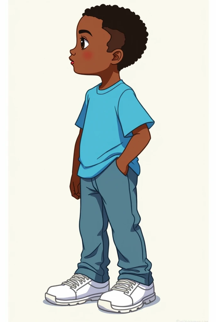 BLUELOCK DRAWING STYLE,  brown skin, ,  short hair, sky blue shirt, short negro,  white shoes 