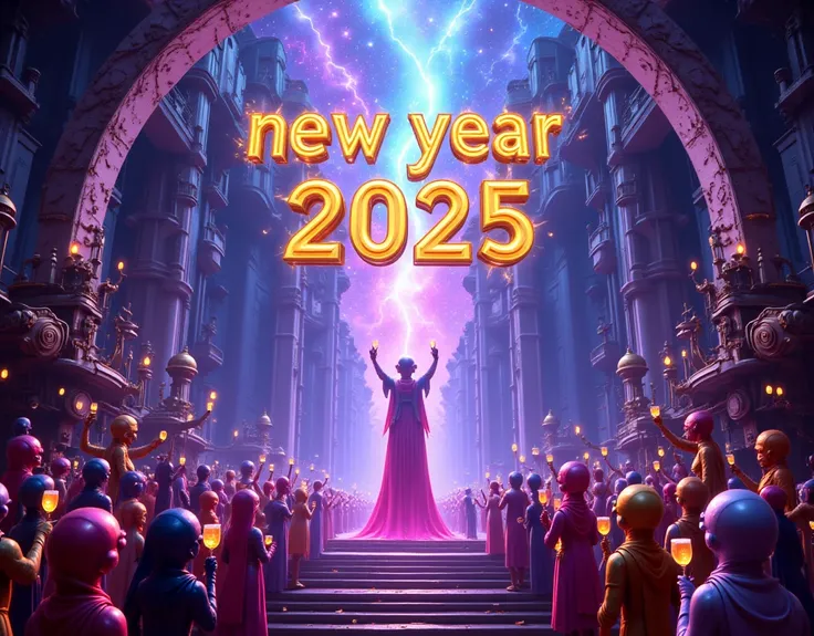 A symbol of a the text words "New Year 2025" on divinity guardian of the galaxies in a giant structure like a galactic gateway with steps, cheering alien people in a crowded holding wine glass, vibrant multi-colored, H. R. Geiger style, Cyberpunk, Steampun...