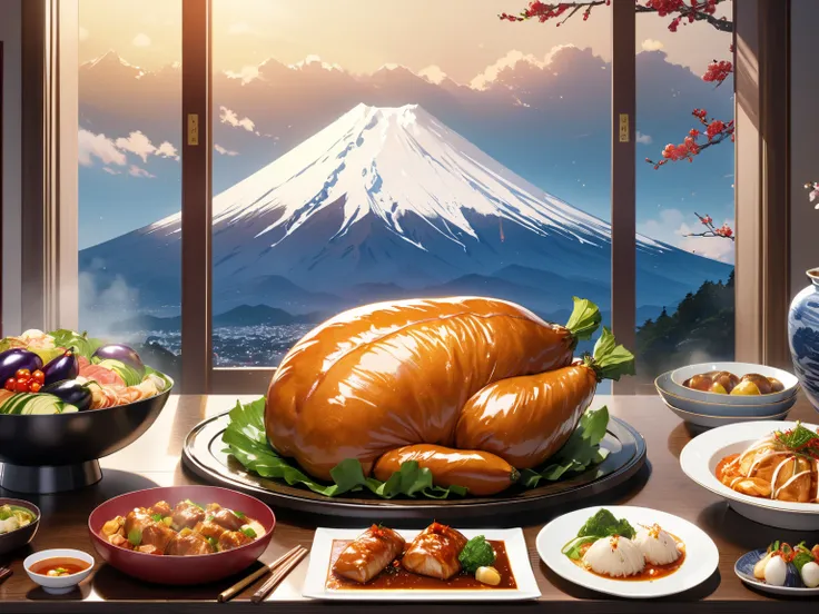 New Year Party, goddess, Mount Fuji, eggplant, eagle, Sumptuous cuisine,  New Year dishes , Bodhidharma, zodiac, masterpiece:1.5, masterpiece, highest quality, UHD, retina, masterpiece, accurate anatomy, super detailed, high quality, best quality, 8k