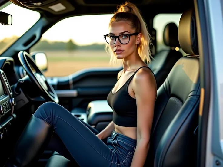 petite, english young woman, light dark blonde hair tied up, rectangular glasses, light blue eyes, seating at the drivers seat of a F-150 pickup truck, black crop top, dark blue breeches, equestrian-boots that goes up to under her knees. midday sun shining...