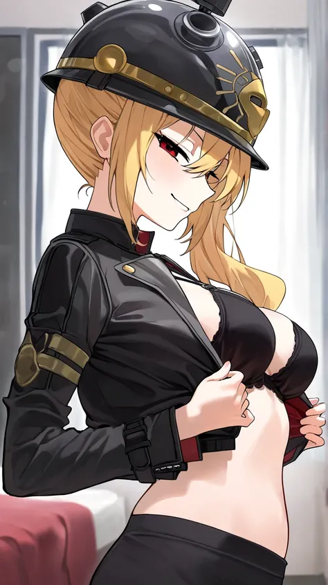 long hair, side ponytail, blonde hair, red eyes, helmet, black bra,black jacket,short jacket,thigh high socks,((showing breasts)),smile,(bare belly),underwear 


, score_8_up, score_7_up, source_anime, expressiveh, 1girl, hair between eyes, half-closed eye...