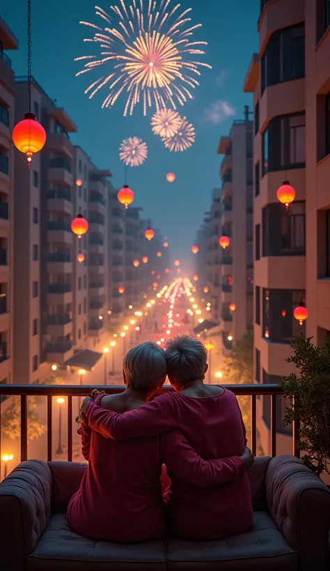 Grandpa & grandma on their pajamas, hugging and cuddling on a loveseat on a balcony of their apartment in a midrise building, they are enjoying the atmosphere of new year party past midnight. Firecrackers in the sky, laser beams, and ballons flying. Below,...