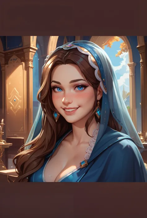 This girl, d&d girl with long brown hair and blue eyes. She is a paladin who wears a veil that covers her ears. Shes full of love and is an extreme optimist. Very pretty 19 years old. She’s smiling ans has faint blush on her cheeks